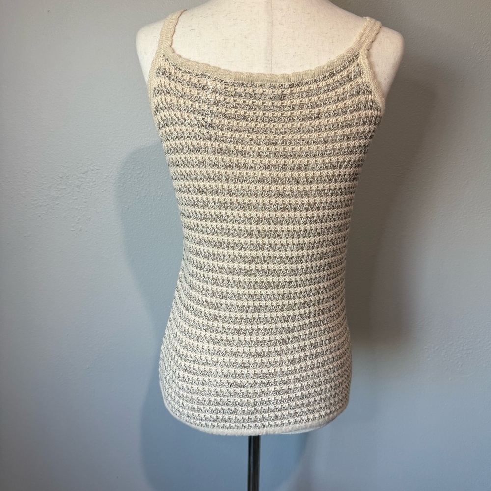 100% Cotton Liz Claiborne Cream and Taupe Knit Tank Top with Accent Beads - Picture 3 of 4